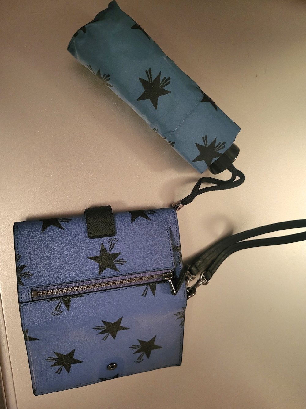 Coach Blue Stars Print Card Holder/Wallet Wristlet Matching Umbrella Set - Picture 3 of 3